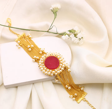 RED STONE PEARL CHAIN BRACELET GOLD PLATED