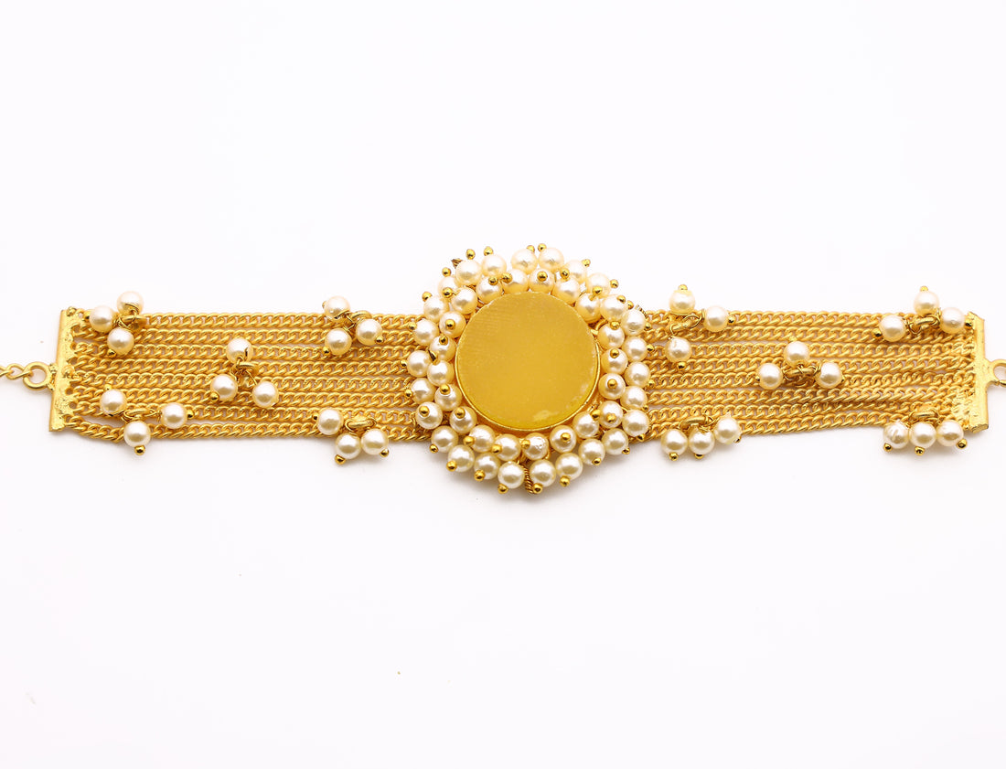 YELLOW STONE PEARL CHAIN BRACELET GOLD PLATED