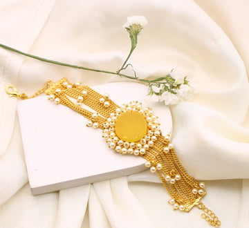 YELLOW STONE PEARL CHAIN BRACELET GOLD PLATED