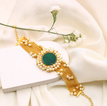 GREEN STONE PEARL CHAIN BRACELET GOLD PLATED