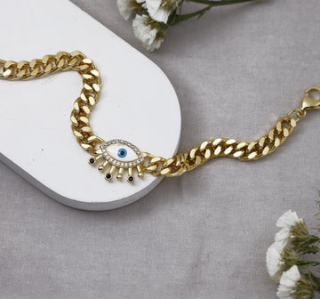 EVIL EYE WHITE CURB CHAIN BRACELET GOLD PLATED