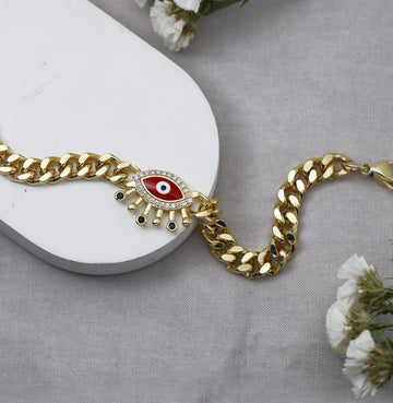 EVIL EYE RED CURB CHAIN BRACELET GOLD PLATED