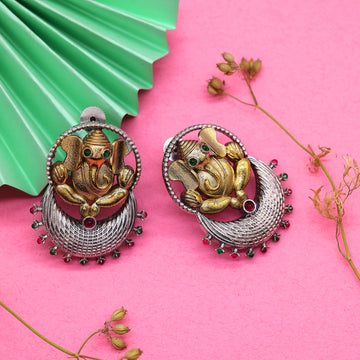 GANESHA EARINGS WITH STONES DUAL TONE