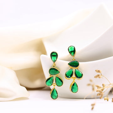 GREEN STONE DROP EARRINGS GOLD PLATED